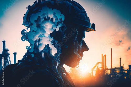 Double exposure artwork  petrochemical oil  gas tube  refinery facility and electricity unreal person. Concept energy sector future industry. Generation AI