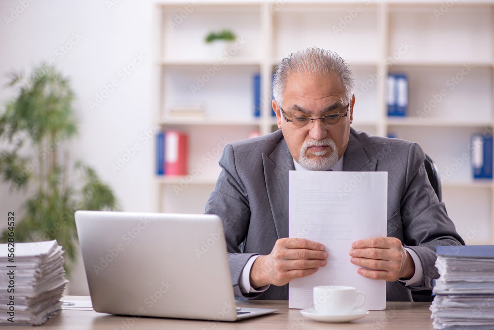 Old male employee working in the office Old male employee working in the office