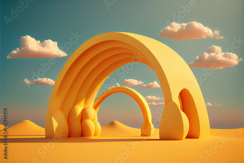 Surreal desert landscape with yellow arches and white clouds in the blue sky. modern minimalist abstract, Generative AI