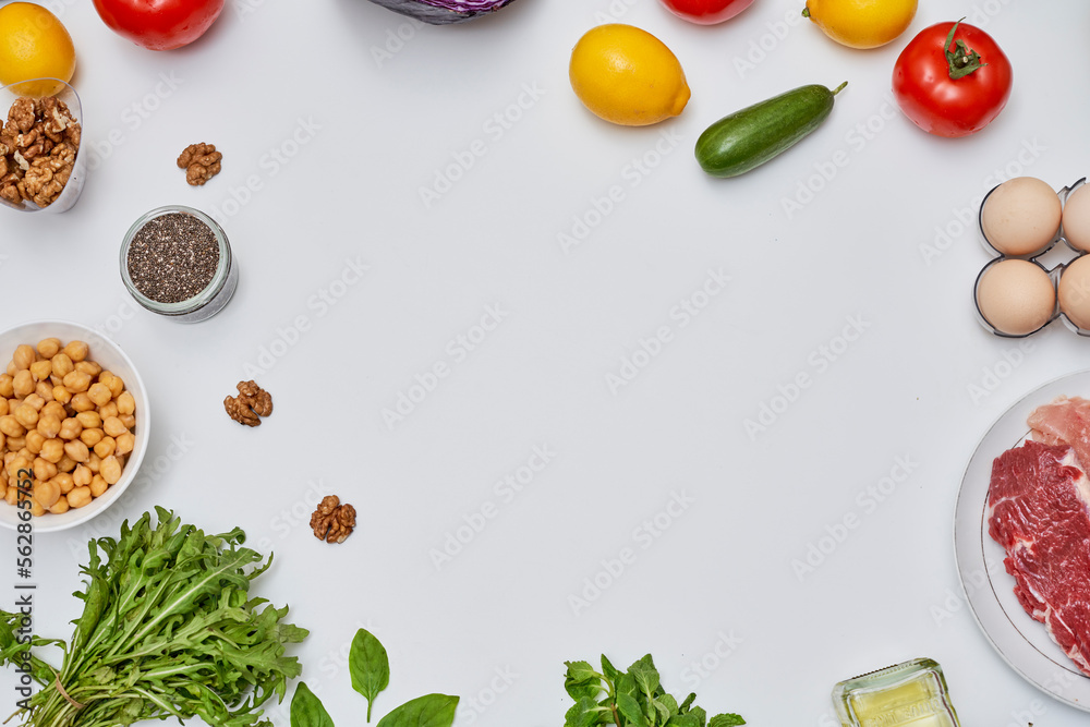 food on a white surface with space in the middle to be used for an article about what you should eat