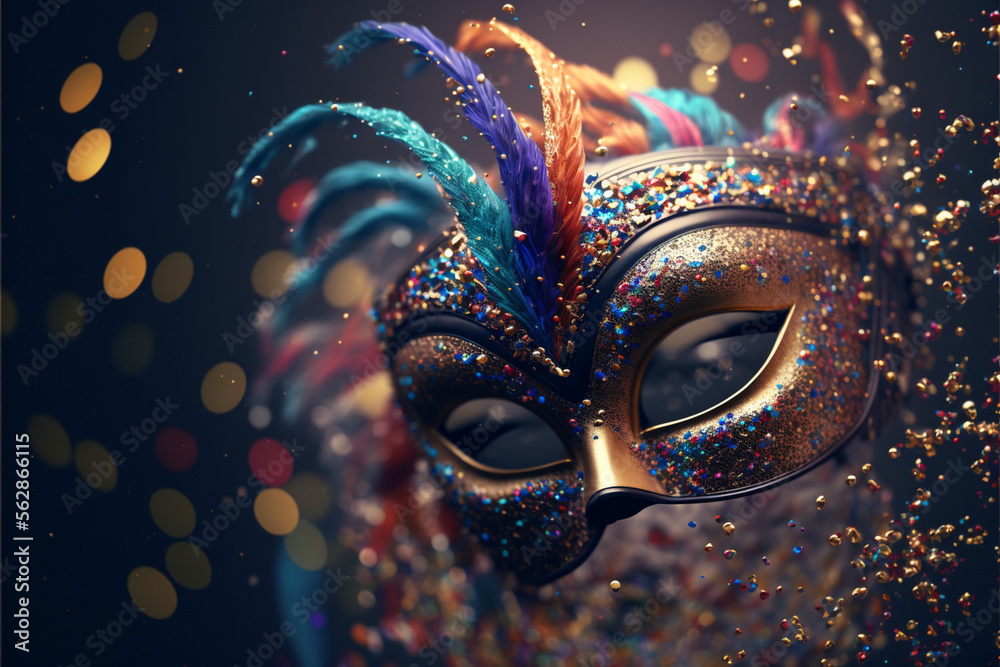 gold carnival mask with feathers, Generative Ai