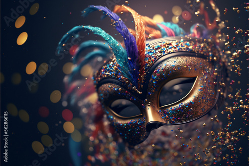 gold carnival mask with feathers, Generative Ai
