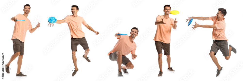 Set of young man playing frisbee on white background Set of young man playing frisbee on white background