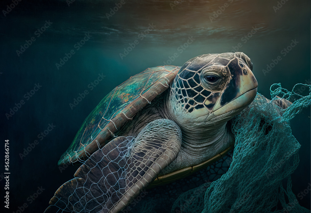 Sea turtle caught trapped in abandoned fishing net. Turtle is caught in