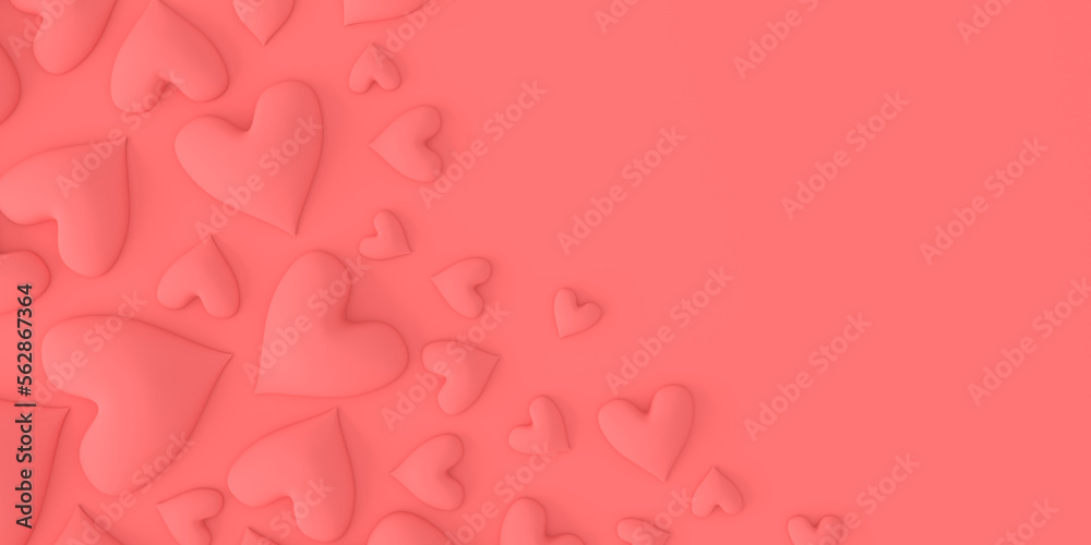 Overhead of soft pastel pink hearts. For romantic Valentine's day background. 3d render.