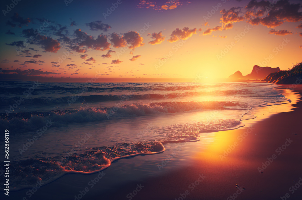 Beautiful beach with sunset or sunrise background. Illustration Generative ai.