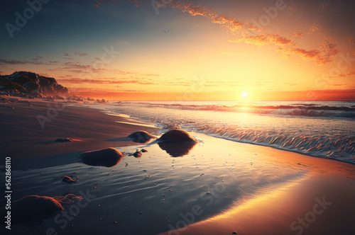 Beautiful beach with sunset or sunrise background. Illustration Generative ai.