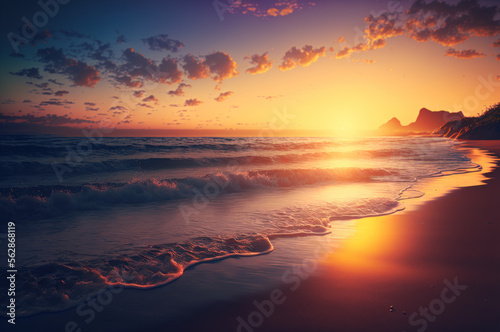 Beautiful beach with sunset or sunrise background. Illustration Generative ai.