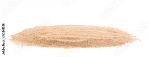 Fototapeta Desert sand pile, dune isolated white background. Gold White fine Sands on Beach island, destination of tropical ocean. Studio shot for detail texture, copy space