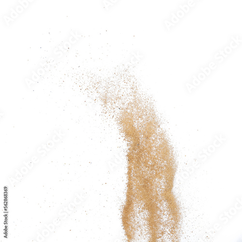 Sand flying explosion, Golden sand wave explode. Abstract sands cloud fly. Yellow colored sand splash throwing in Air. White background Isolated high speed shutter, throwing freeze stop motion © Jade