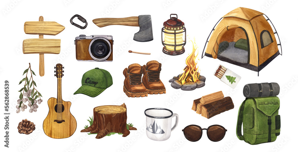 Camping, hiking equipment for trekking tourists watercolor set. Summer  travel tools collection. Hand-drawn illustration isolated on white  background. Concept for trip, journey, campsite elements Illustration Stock  | Adobe Stock