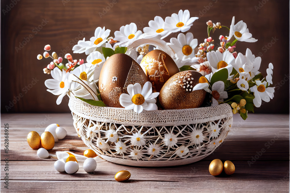 Happy easter, Golden decorated easter eggs and white flowers in a white