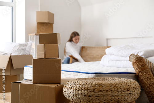 Stack of cardboard boxes in...