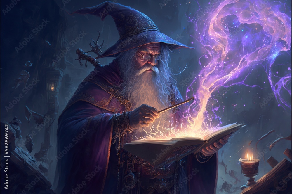 An epic fantasy illustration, featuring a powerful wizard casting a