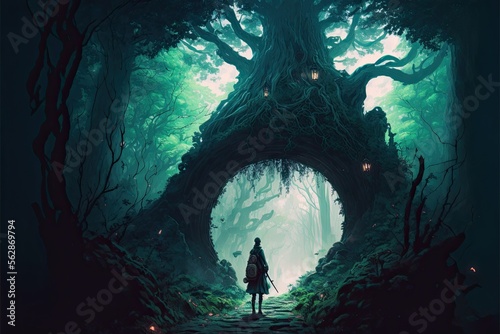 An epic fantasy illustration, featuring a mysterious forest, beautiful magic, mysterious, tale. Generative AI