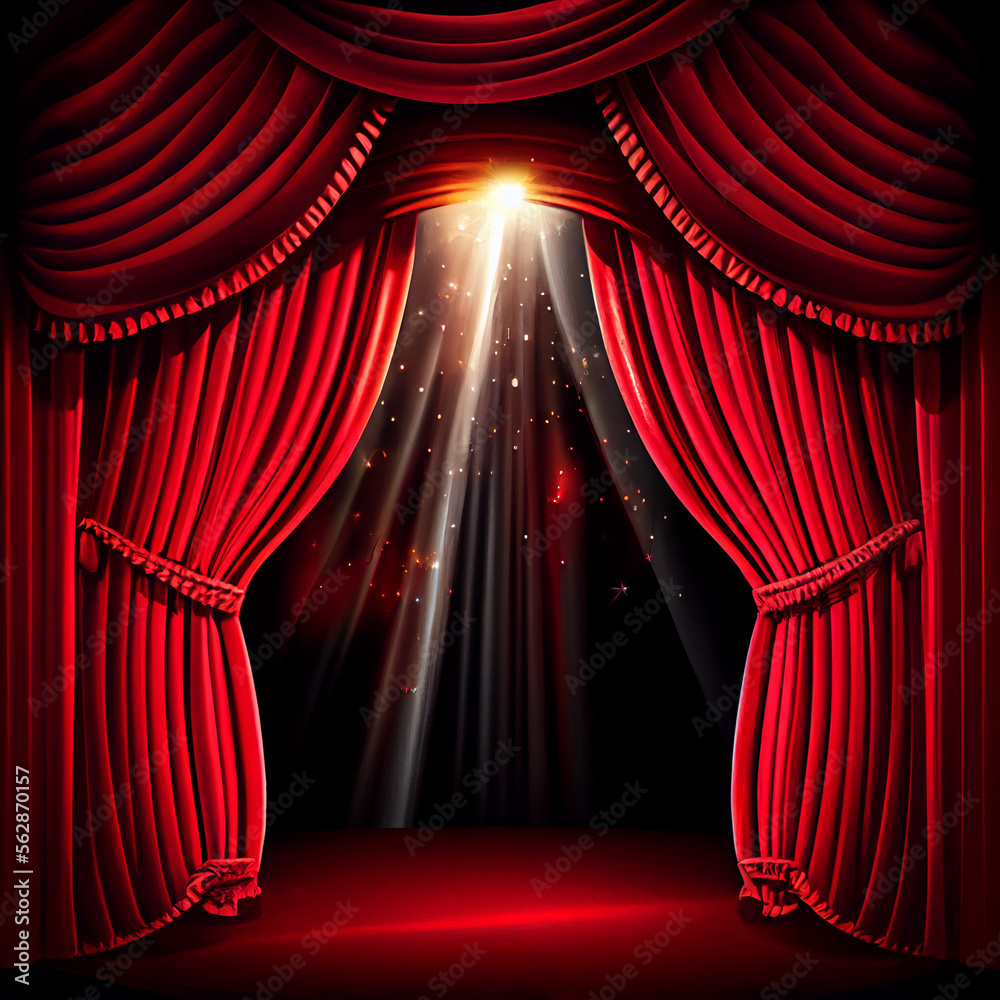 Magic theater stage red curtains opera lights background. - obrazy, fototapety, plakaty 