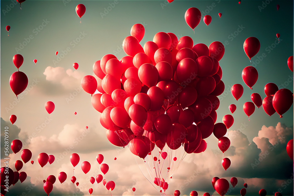 big group of red balloons floating in a clear blue sky, perfect for backgrounds, generative AI big group of red balloons floating in a clear blue sky, perfect for backgrounds, generative AI