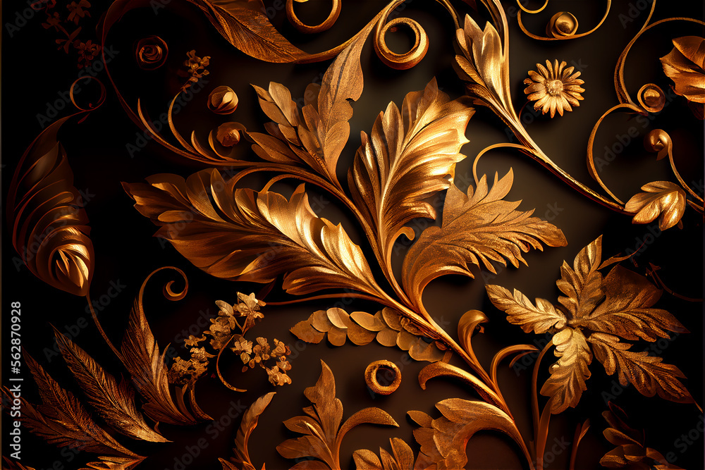 Elegant luxury floral texture with gold gilt in a dark background, generative AI Elegant luxury floral texture with gold gilt in a dark background, generative AI