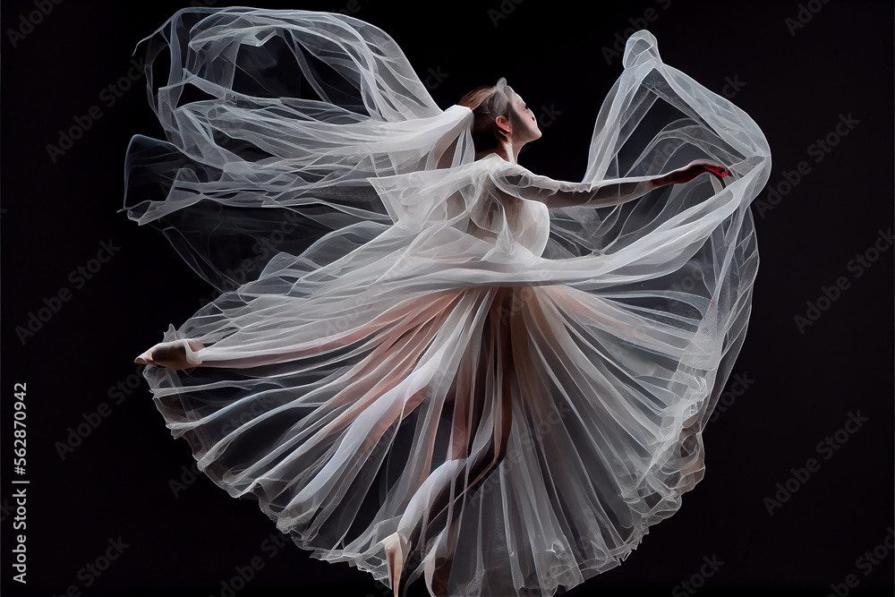 Graceful ballerina dancer wearing a gauzy dress jumping, generative AI - obrazy, fototapety, plakaty 