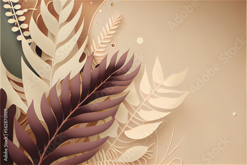 jungle foliage background  with palm tree fronds and jungle leaves in soft borown and beige colors, generative AI photo