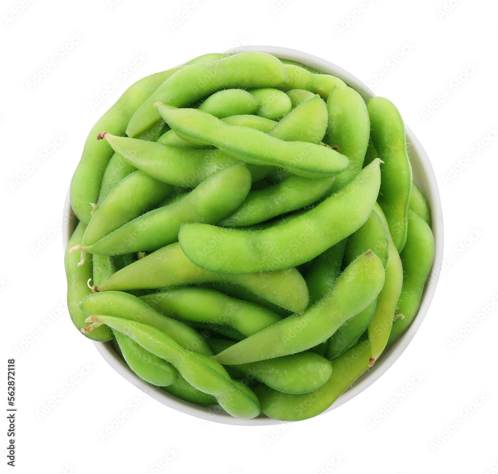 Bowl with green edamame pods on white background, top view Bowl with green edamame pods on white background, top view