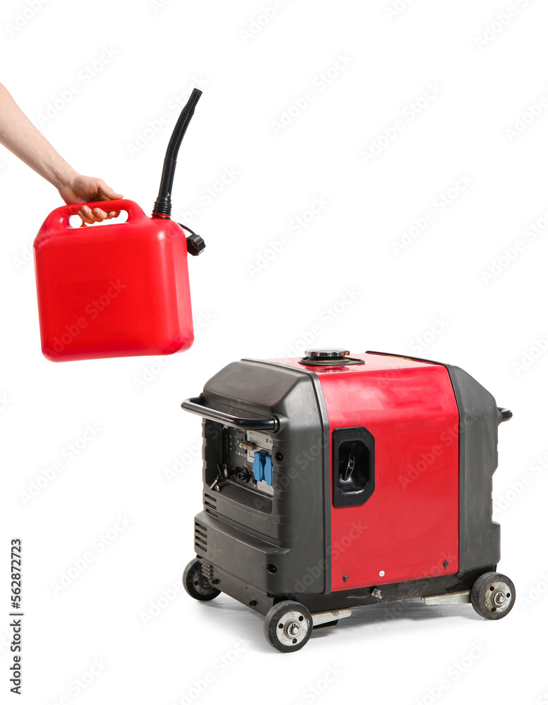 Young man with canister and portable gasoline generator on white background Young man with canister and portable gasoline generator on white background