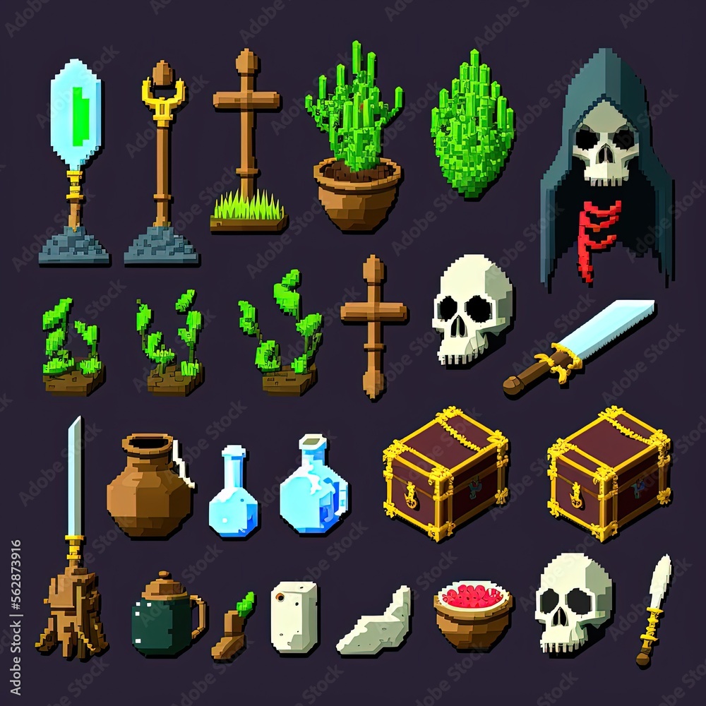 Pixel art set of RPG game items, collection of objects for RPG game, retro icons in 8bit style, Generative AI Pixel art set of RPG game items, collection of objects for RPG game, retro icons in 8bit style, Generative AI