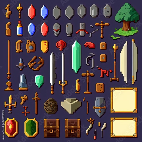 Pixel art set of RPG game items, collection of objects for RPG game, retro icons in 8bit style, Generative AI