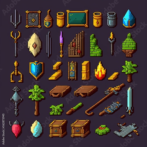 Pixel art set of RPG game items, collection of objects for RPG game, retro icons in 8bit style, Generative AI