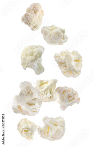 Many fresh cauliflower florets falling on white background