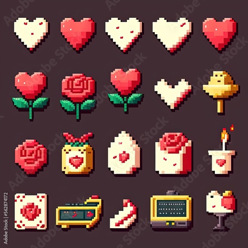 Pixel art valentine icon set, valentine icon collection, items retro style for 8 bit game
