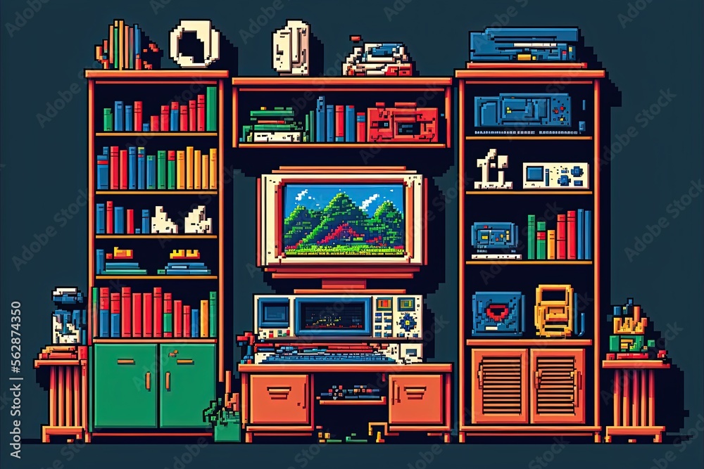 Pixel art game room, bedroom with video game consoles, background in retro style for 8 bit game, Generative AI