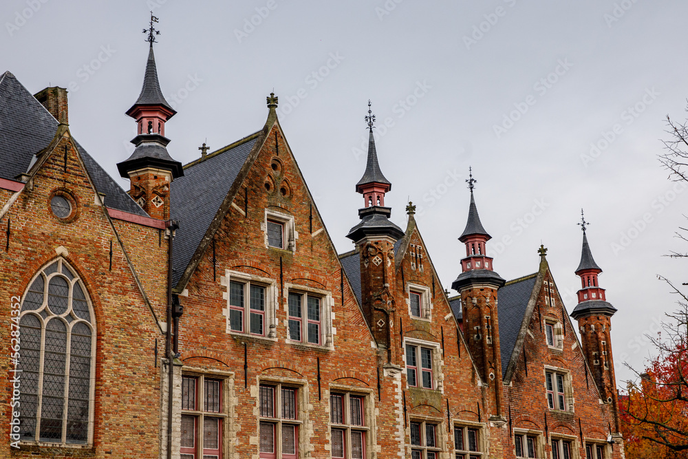 Gothic architecture. Palace spiers in Bruges, Belgium.