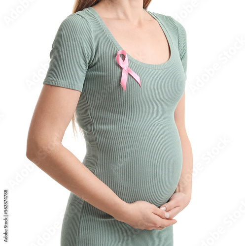 Wallpaper Mural Young pregnant woman with pink ribbon on white background. Breast cancer awareness concept Torontodigital.ca