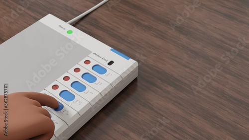 3d rendering of hand pressing button on ballot unit of indian electronic voting machine, in wooden table and with copy space, India elections.