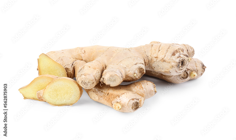 Fresh ginger roots and slices on white background Fresh ginger roots and slices on white background