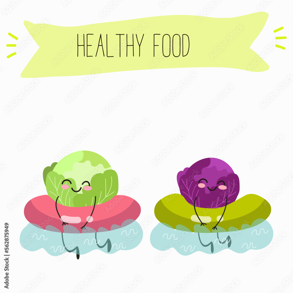 Illustration with funny characters cabbage, red cabbage. Funny and healthy food. Vitamins, cute face food, ingredients, vegetarianism, vector cartoon, antioxidant.