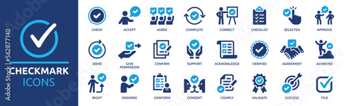 Checkmark icon set. Containing check, accept, agree, selected, confirm, approve, correct, complete, checklist, and verified icons. Solid icon collection. photo