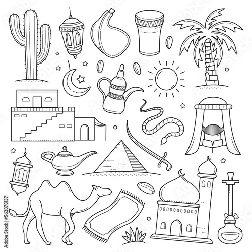 Arabian desert and culture outline doodle hand drawn vector illustration