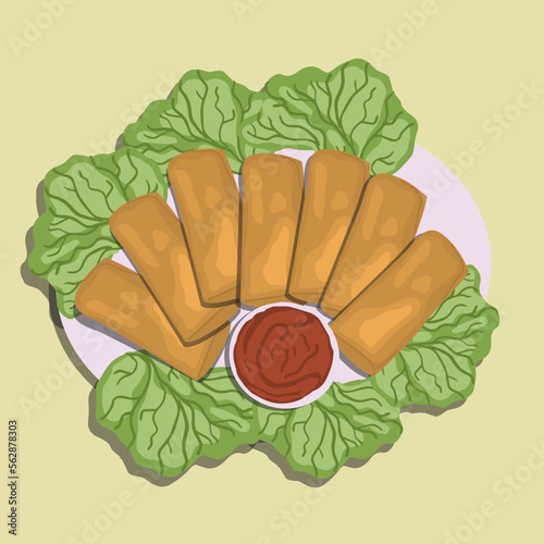 Food illustration cartoon, Lumpia or lunpia, is traditional spring roll skin snack from Semarang, Indonesia. Traditional Spring rolls made eggs, and chicken or shrimp, stir-fried bamboo shoots.