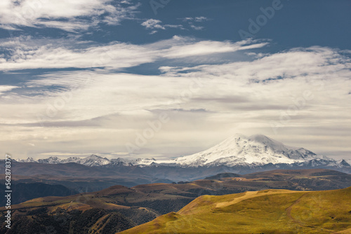 A view on Elbrus mountain and Malka river valley. Dzhili-Su, Republic of Kabardino-Balkaria