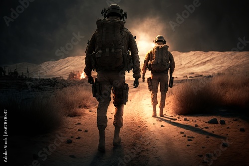 Back view Soldiers walking on the battlefield. Generative AI 