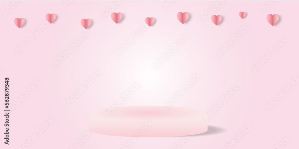 Valentine's day background with product display and pink heart shaped balloons.
