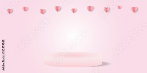 Valentine's day background with product display and pink heart shaped balloons.