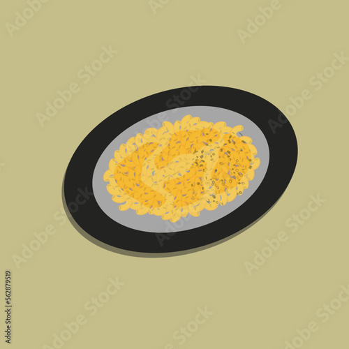 Food illustration Cartoon, Mac and cheese, american style macaroni pasta with cheesy sauce and crunchy breadcrumbs topping on white plate, top view for poster design