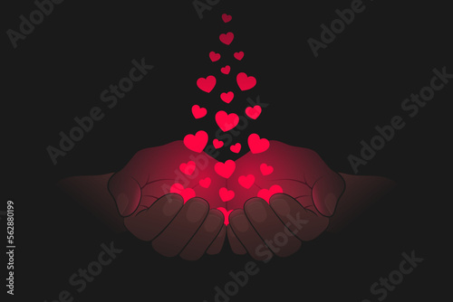 Red heart symbols and cupped palms over dark background