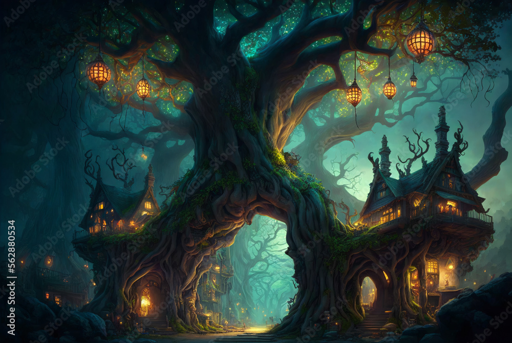 Fantasy forest tree house village scene AI Generative	