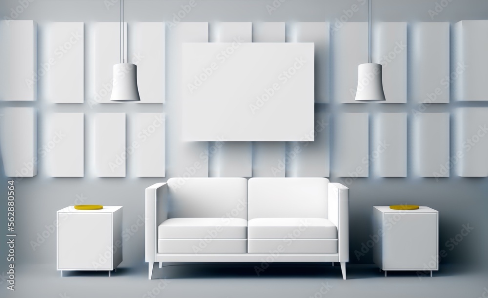 white 3D panel wall background with a minimalist living room furniture set in front of it, showcasing a modern and sleek design (AI Generated) white 3D panel wall background with a minimalist living room furniture set in front of it, showcasing a modern and sleek design (AI Generated)