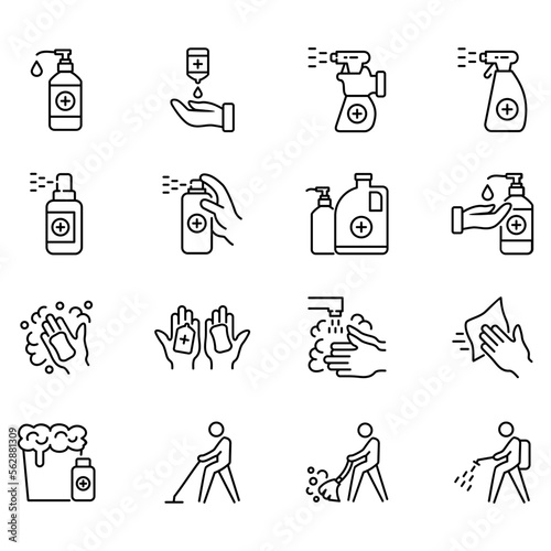 Set of vector icons related to disinfection and cleaning. Vector illustrations of icons such as hand wash, hand sanitizer and more with editable black outline. perfect for template symbols, designs, a