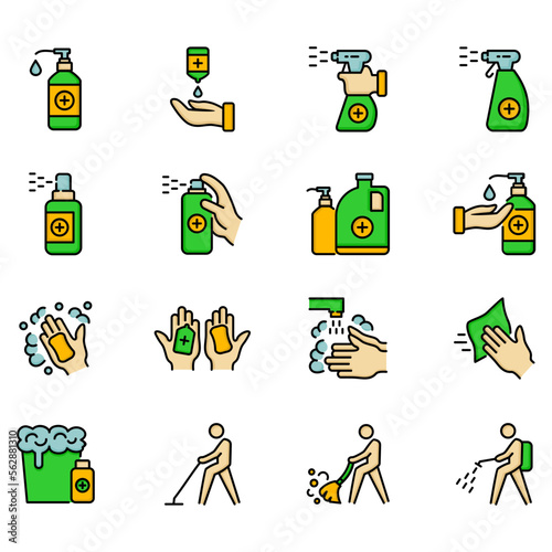 Set of vector icons related to disinfection and cleaning. Vector illustration of icons such as hand wash, hand sanitizer and more, in editable flat colors.